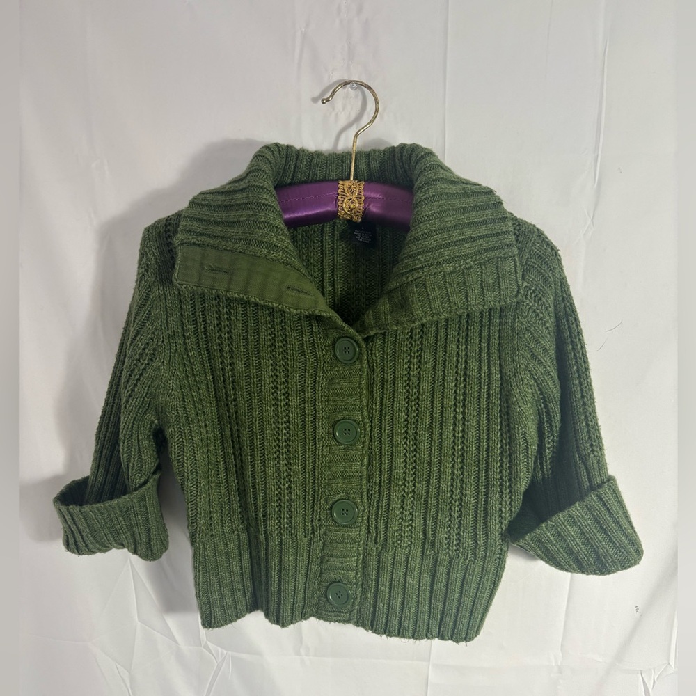 Y2K Chunky Green Cable Knit Collared Crop 3/4 Sleeve Sweater Size L - Picture 1 of 16